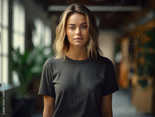girl standing while wearing black empty mock-up shirt, tshirt