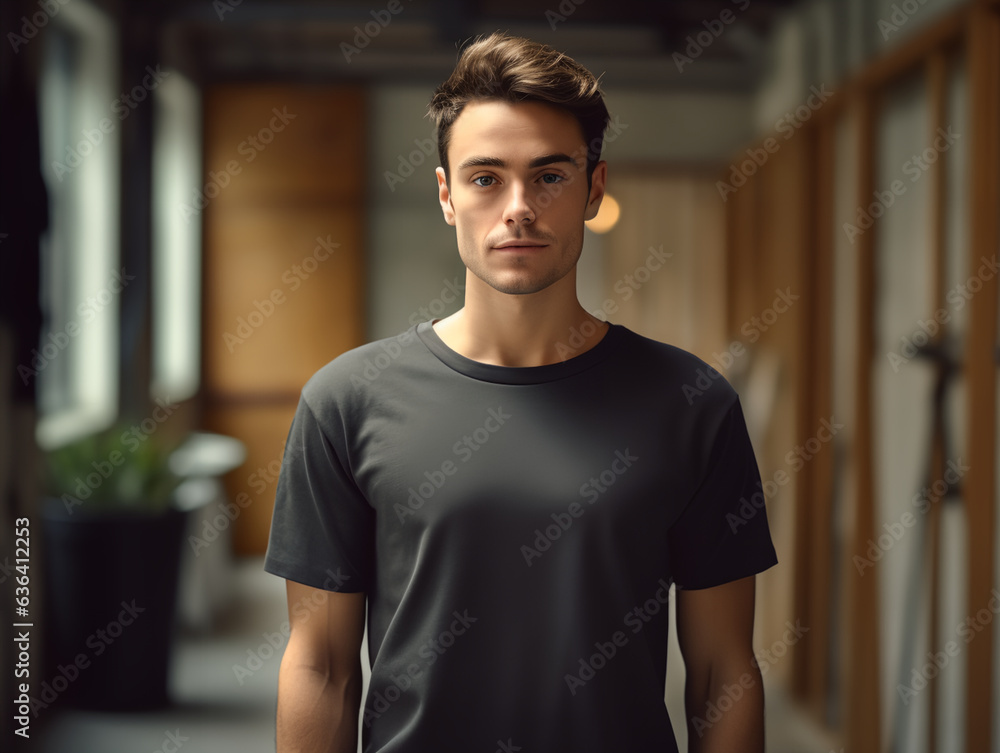 man standing while wearing black empty mock-up shirt, tshirt man standing while wearing black empty mock-up shirt, tshirt