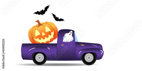 Happy Halloween truck with Jack O Lantern pumpkin lantern in the back, bats, ghost driving on white background. Wide vector banner for postcards, flyers, leaflets, party invitations