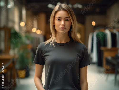 girl standing while wearing black empty mock-up shirt, tshirt