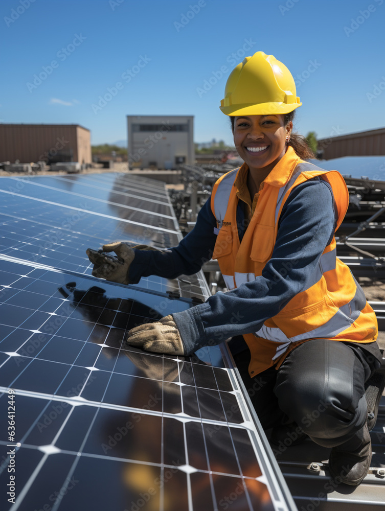 Portrait of young woman swallows in work uniform and hard hat, A woman