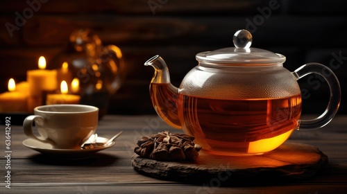A cup of tea with a teapot on a wooden table