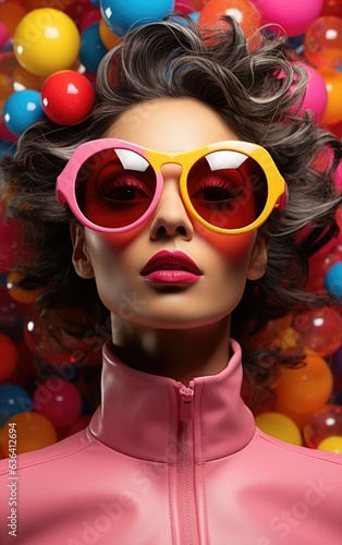 Fashionable woman with colorful wig and stylish eyewear, giving a captivating smile.