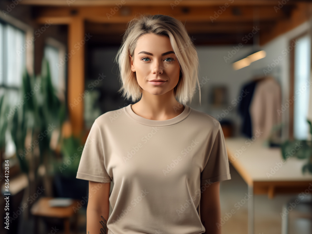girl standing while wearing white empty mock-up shirt, tshirt girl standing while wearing white empty mock-up shirt, tshirt