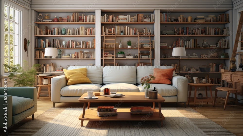 A living room with a couch a coffee table and a bookca