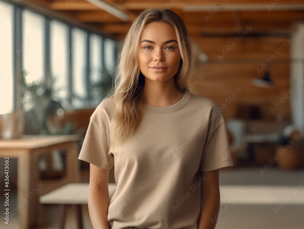 girl standing while wearing white empty mock-up shirt, tshirt girl standing while wearing white empty mock-up shirt, tshirt