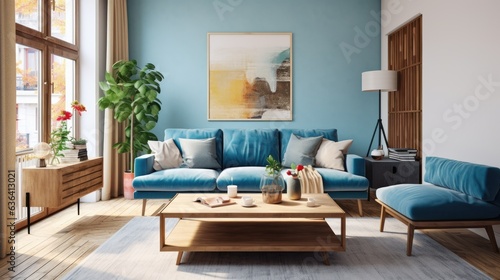 A living room with a blue sofa  and  a wooden table with