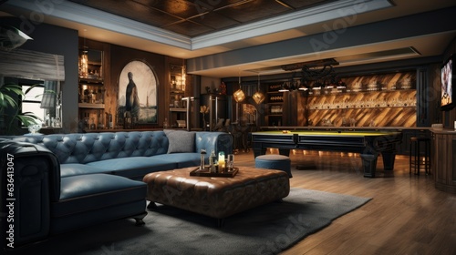 A living room with a couch and a bar with a tv on the