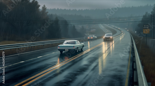 Car driving on a highway in the rain. Motion blur effect.
