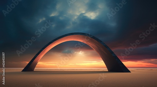 A solitary black arch stands boldly in the midst of the sands, its silhouette framed by billowing clouds overhead. As the clouds gather, they form a dramatic backdrop photo