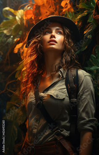 Beautiful girl traveler on the background of the green jungle.