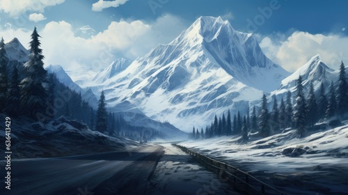 A road in the snow with a mountain  in the © lara