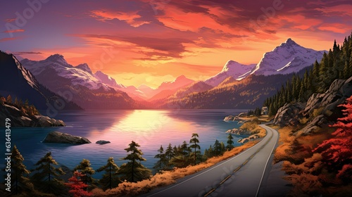 A  road leading to a mountain  lake  at sunset photo