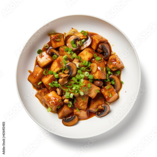 Soy Glazed Tofu and Mushroom Isolated on a White Background Shot From Above