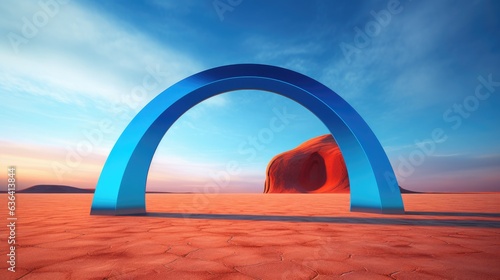 Suspended in mid-air, a black arch exudes an ethereal presence, its form defying gravity and logic. Rendered in the style of colorful surrealism, the arch becomes a visual enigma