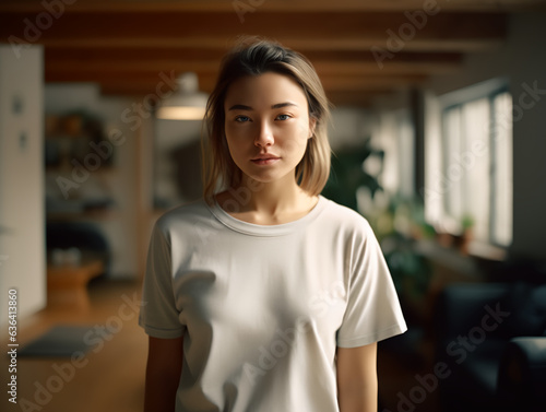 Free Download girl standing while wearing white empty mock-up shirt, tshirt - GFXLoad