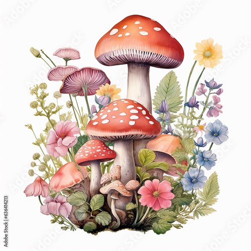 fly mushroom. Watercolor mushrooms and flowers on white background. Hand drawn illustration.