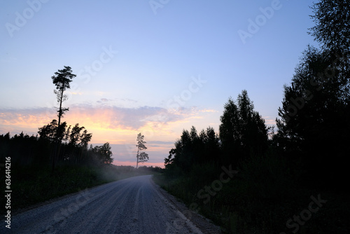 beautiful colorful Latvia country road landscape with trees, blue sky and colorful clouds in summer sunset light