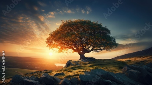 A tree on a hill with the sun setting behind it