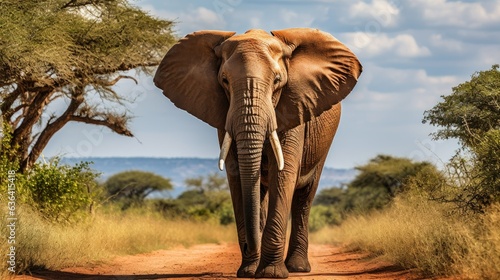 Big African Elephant on the gravel road with blue sky