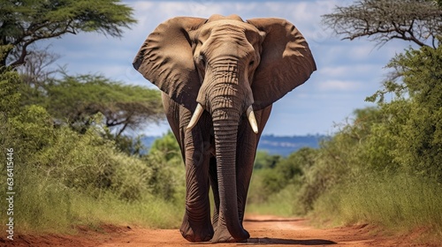 Big African Elephant on the gravel road with blue sky