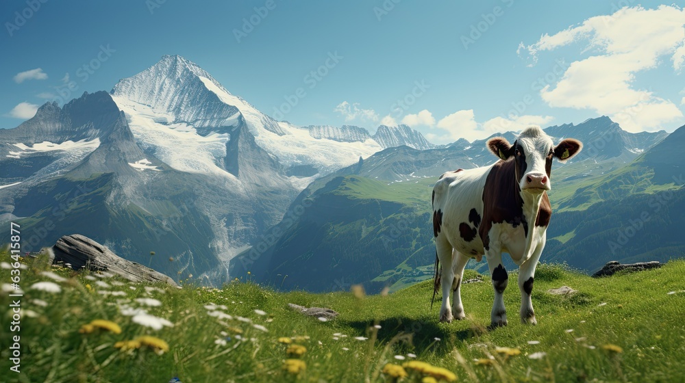 cow in the alps II background - obrazy, fototapety, plakaty 