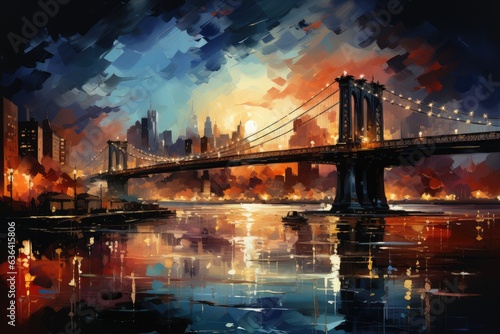 Watercolor evening sunset over the Brooklyn Bridge in New York. Urban landscape. Generative AI