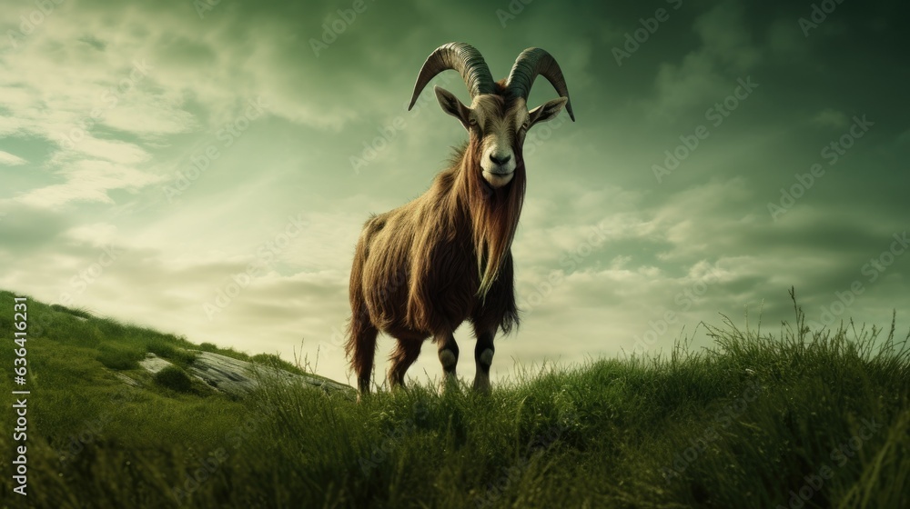 Goat walking on green filed