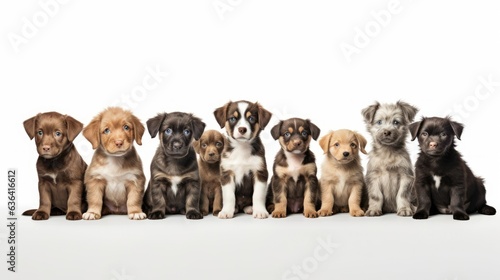 Large group of puppies on a white background