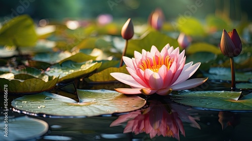 Lotus flower on a pond with pink water lilies