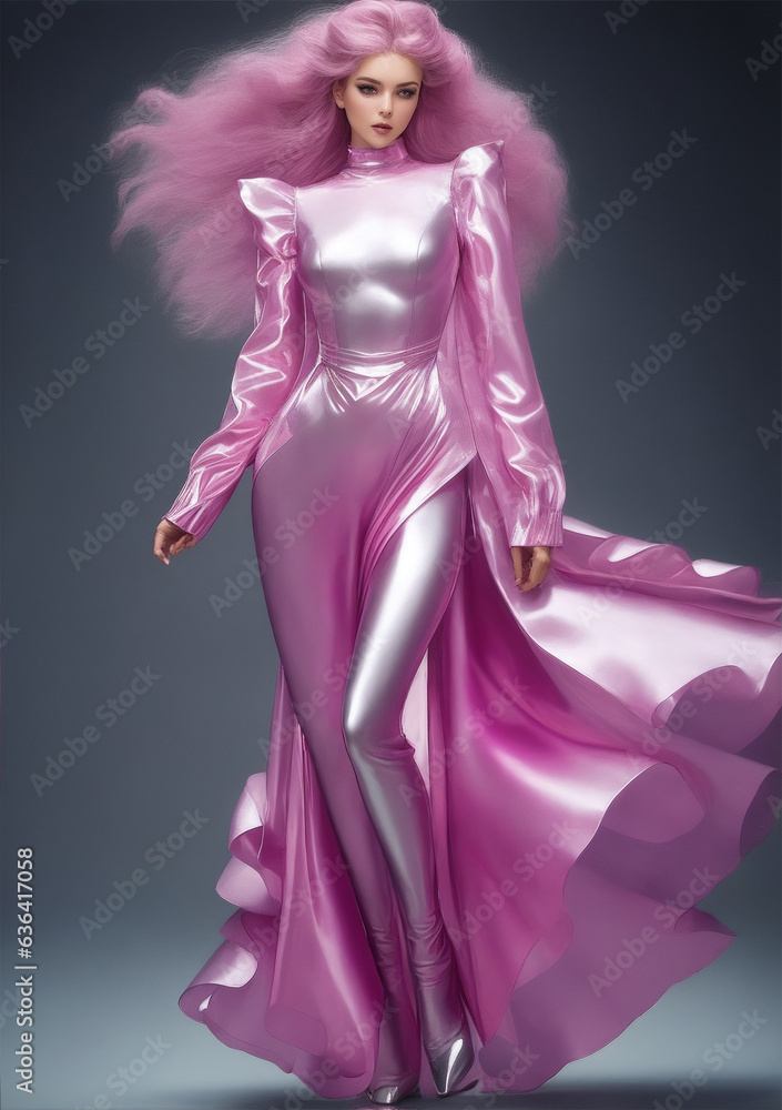 Woman in a short fashionable pink silver dress with a long dress like a Barbie doll model Woman in a short fashionable pink silver dress with a long dress like a Barbie doll model