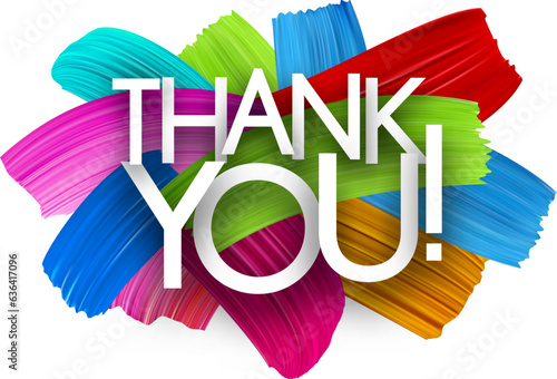 Thank you paper word sign with colorful spectrum paint brush strokes over white. Vector illustration.