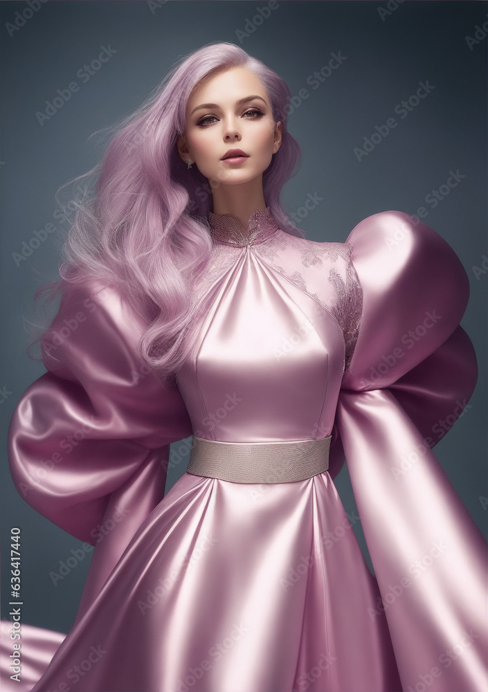 Woman in a short fashionable pink silver dress with a long dress like a Barbie doll model Woman in a short fashionable pink silver dress with a long dress like a Barbie doll model