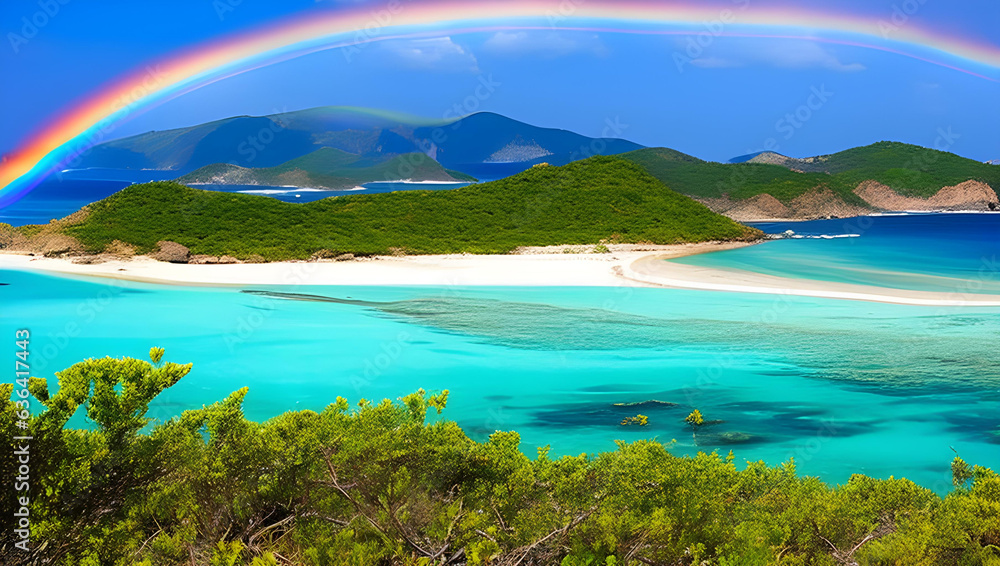 大きな虹がかかる綺麗な海と島