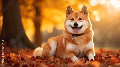 portrait of shiba inu in autumn in the park photo