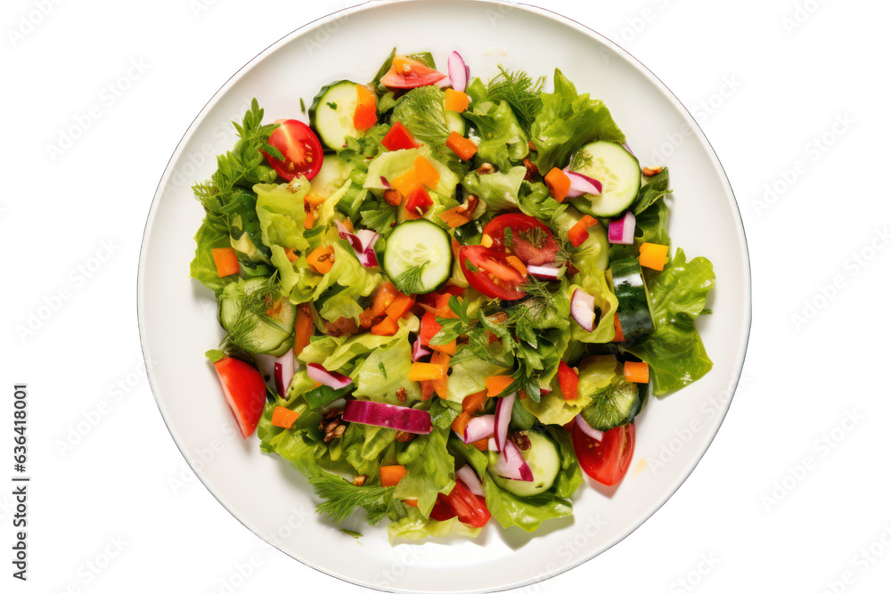 Healthy vegetable salad in a designer plate isolated on white background. Generative AI