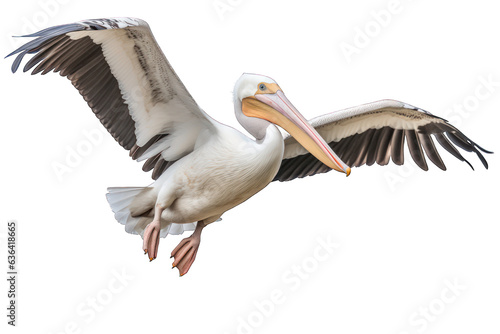 The great white pelican flying isolated on white background. Generative AI photo