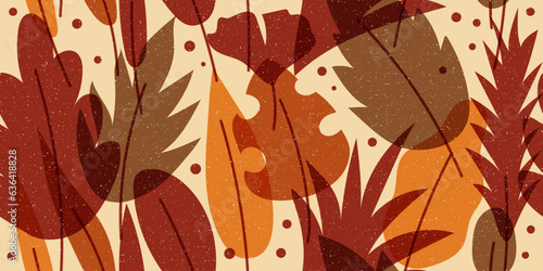 Seamless floral pattern with risograph effect. Autumn background with leaves. Trendy risograph style. Botanical background. Grain texture. Collage with leaves. Vector minimalist retro style texture