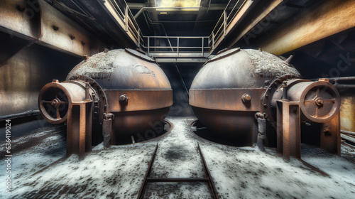 Illustration of abandoned rusty factory with copy space. Industrial indoor background.