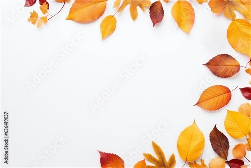 frame of autumn leaves on white background with copy space