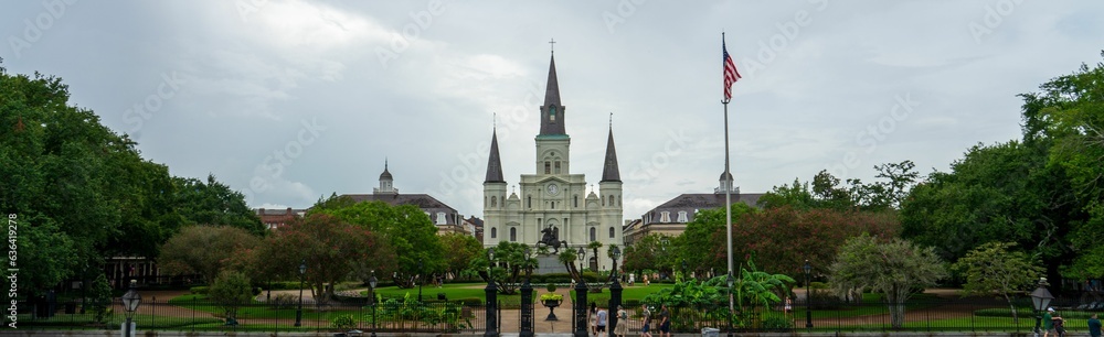 Panoramic view of Jackson Square in New Orleans, Louisiana on a cloudy day