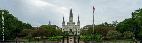 Panoramic view of Jackson Square in New Orleans, Louisiana on a cloudy day