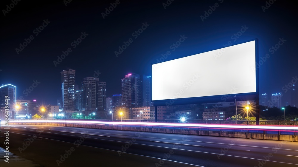 Glowing empty clean billboard with copy space near by car road in the big modern city at night. long exposure effect. Cityscape outdoor background. Glowing empty clean billboard with copy space near by car road in the big modern city at night. long exposure effect. Cityscape outdoor background.