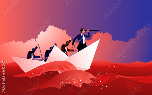 Businessmen struggle to wade through the red sea with paper boats. A powerful metaphor for overcoming obstacles, navigating difficulties, and persevering against all odds photo
