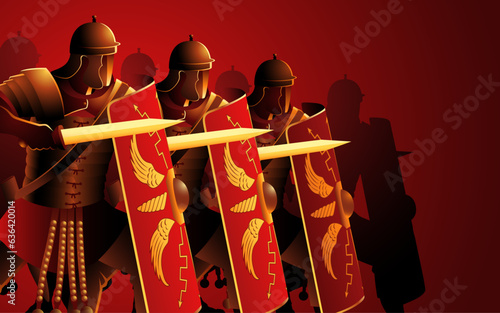 Step into history with this image, showcasing ancient Roman legionaries in battle-ready stances, prepared for conquest