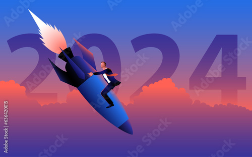 Businessman aboard a falling rocket, with the bold text 2024 as the backdrop. An evocative image reflecting the challenges and opportunities of the coming year