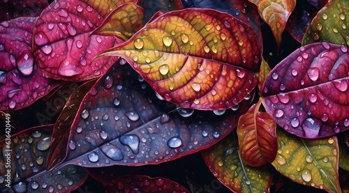 Bright autumn leaves with rain drops, generative ai