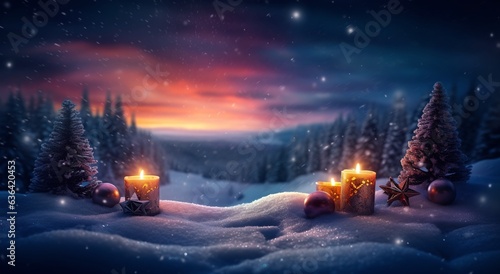 Christmas candles on the snow at holiday eve, generative ai