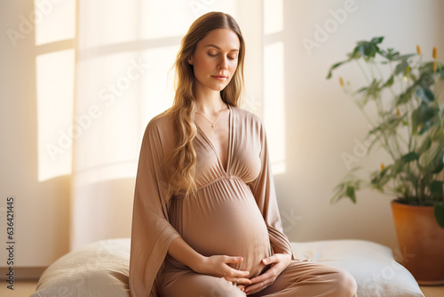 Young pregnant woman sitting and meditating at home. Free Download Young pregnant woman sitting and meditating at home. - GFXLoad