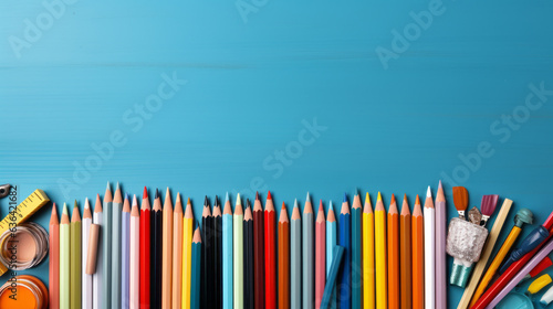 Back to school blue background with a set of colorful pencils and crayons and copy space